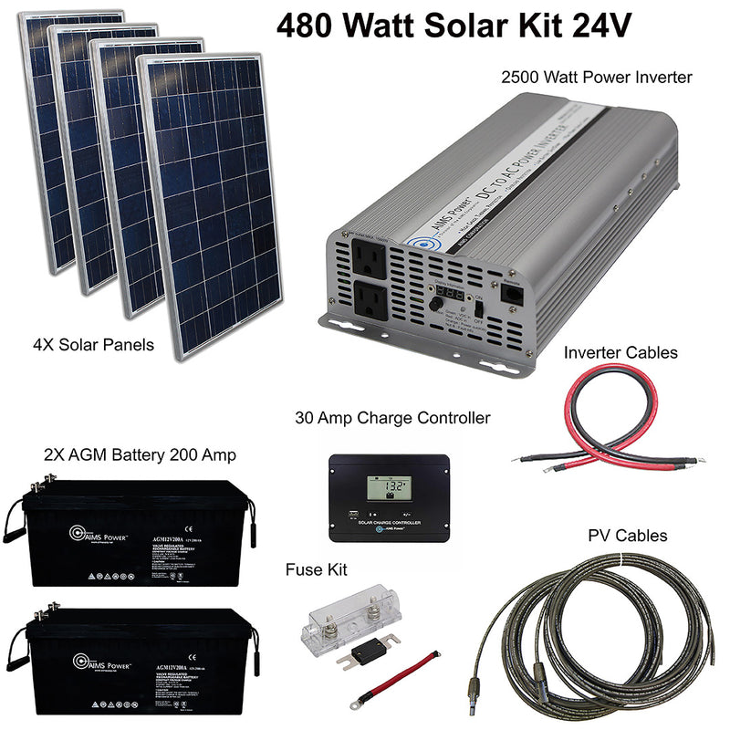 AIMS Power 480 Watt Solar Kit with 2500 Watt Modified Pure Sine Inverter 24V