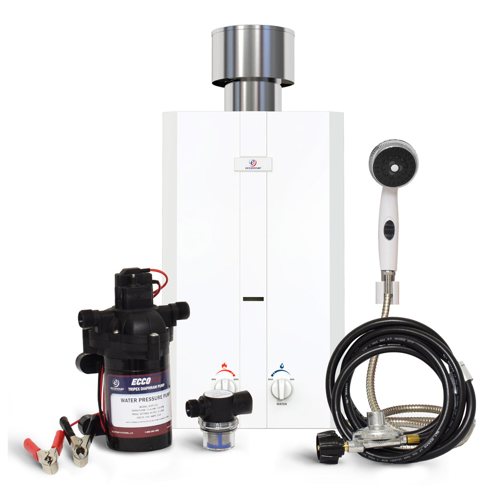 Eccotemp L10 Portable Outdoor Tankless Water Heater w/ EccoFlo Diaphragm 12V Pump , Strainer & Shower Set