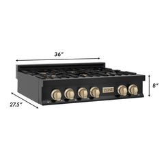 ZLINE Autograph Edition 36" Porcelain Rangetop with 6 Gas Burners in Black Stainless Steel and Gold Accents RTBZ-36-G