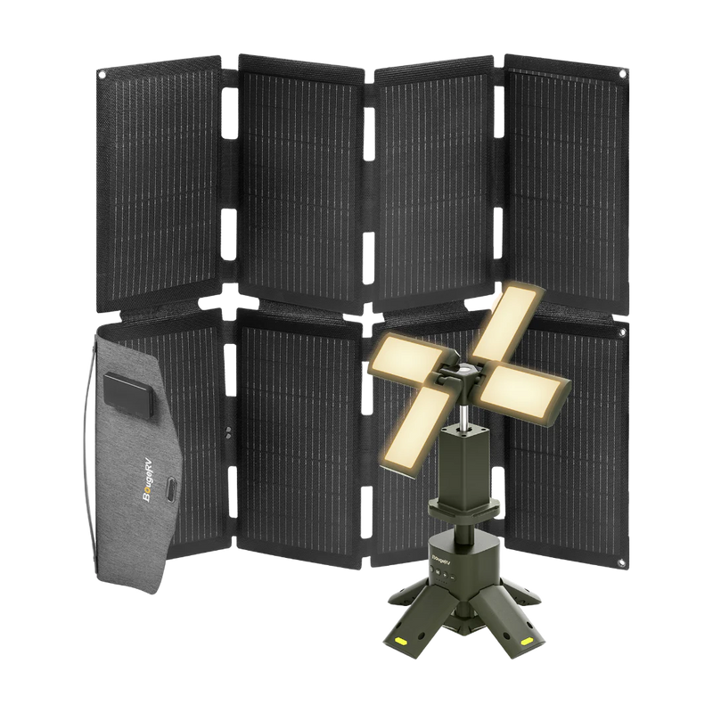 BougeRV 100W N-Type Fiberglass Foldable Portable Solar Panel + Camping Lantern