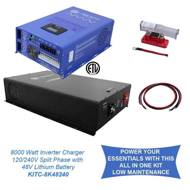 AIMS Power Off Grid / Back Up 8000 Watt Pure Sine Inverter Charger Split Phase 120V/240V & 24V Lithium Battery Kit