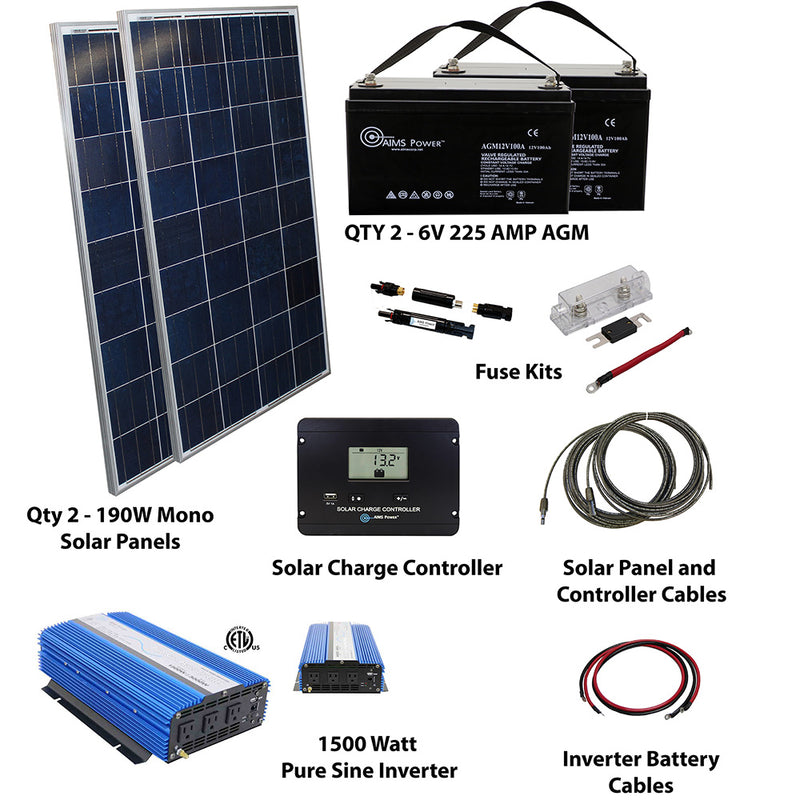 AIMS Power 380 Watt Off-Grid Solar Kit with 1500 Watt Pure Sine Inverter 12V