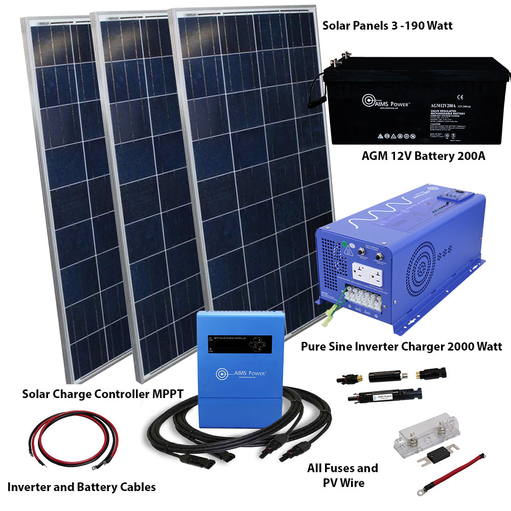 AIMS Power 570 Watt Off Grid Solar Kit with 2000 Watt Inverter Charger 12V