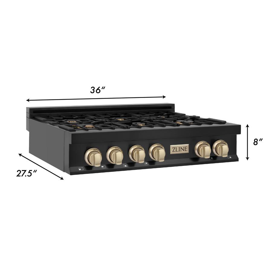 ZLINE Autograph Edition 36" Porcelain Rangetop with 6 Gas Burners in Black Stainless Steel and Gold Accents RTBZ-36-G