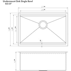 ZLINE 27" Garmisch Undermount Single Bowl Kitchen Sink with Bottom Grid and Accessories SLS-27S